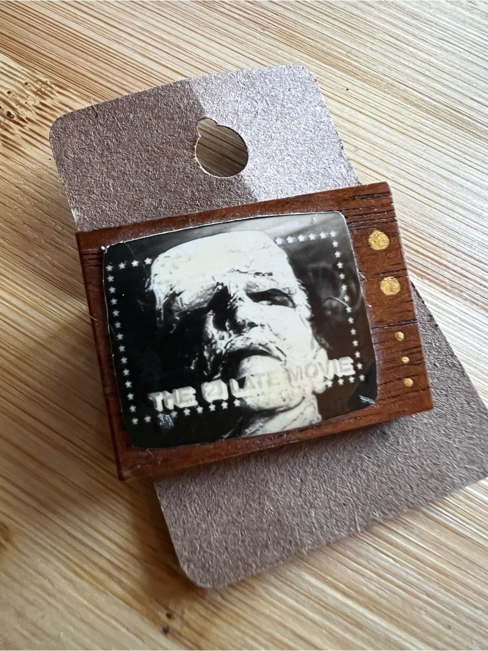 Retro TV Frankenstein Brooch Wooden Television Pin Black White Horror Gothic